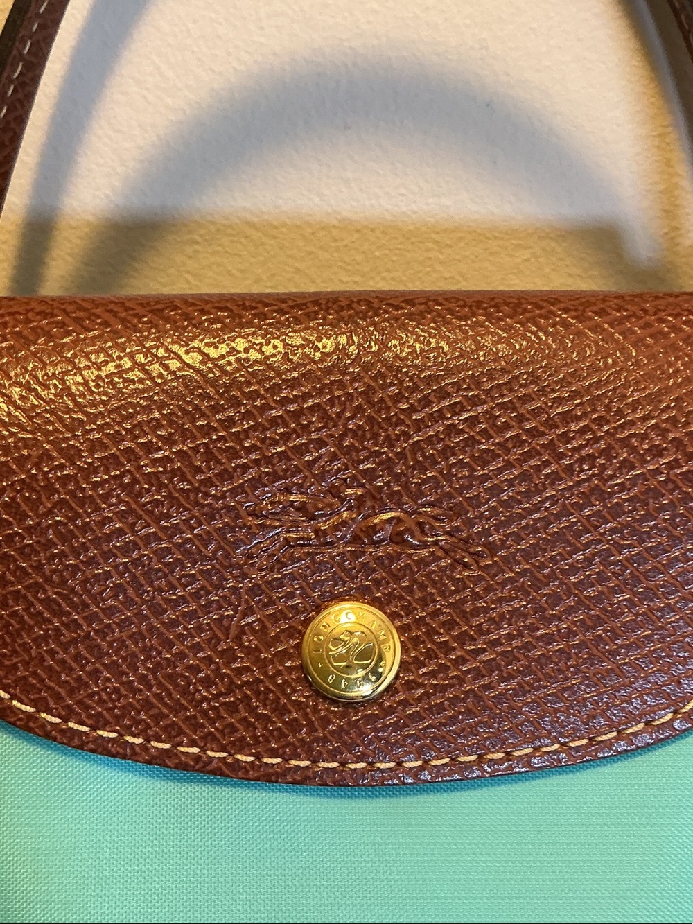 Longchamp Turquoise Nylon Le Pliage Tote with Brown Leather Trim - Picture 2 of 14